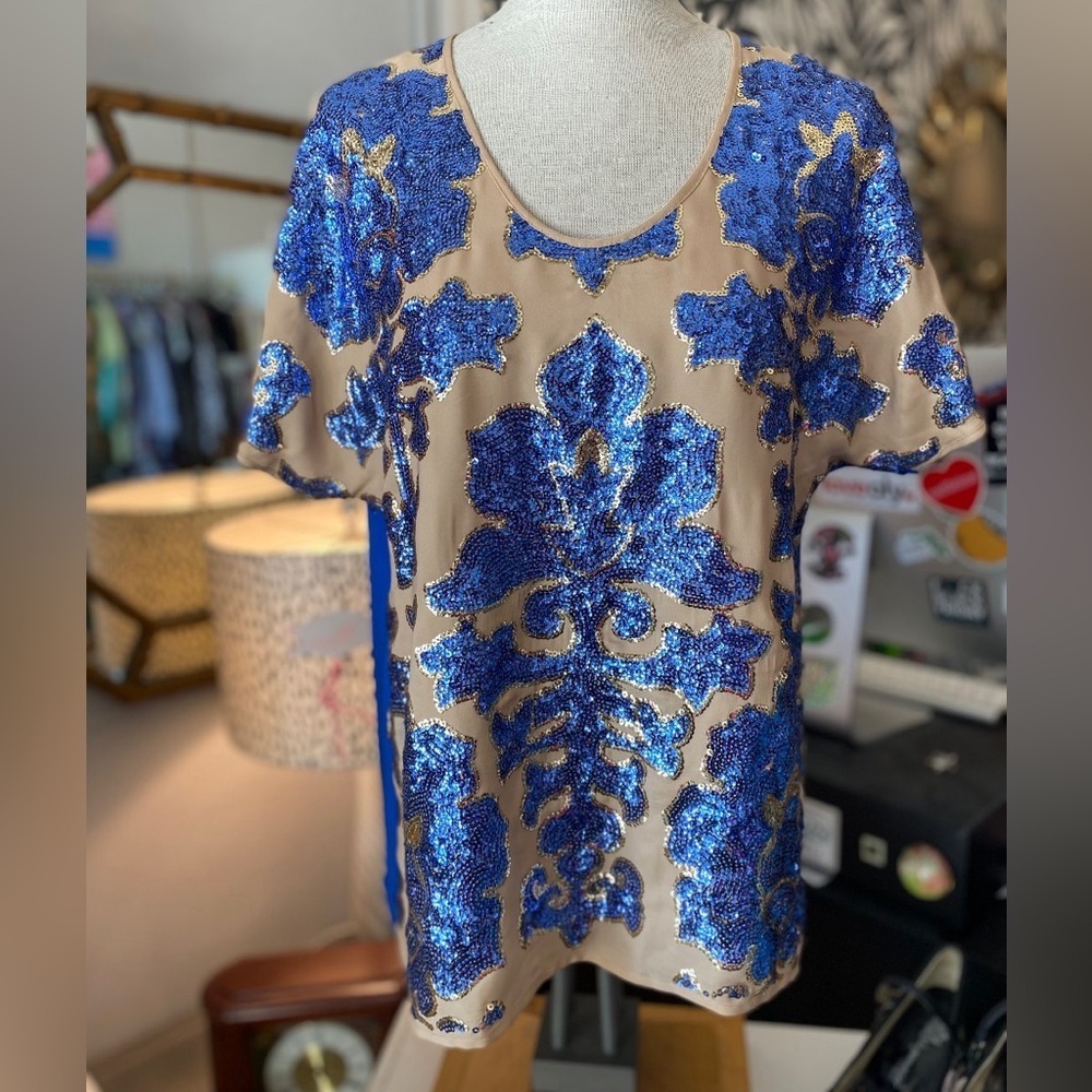 Tracy Reese for Neiman Marcus Blue Sequin Floral Blouse